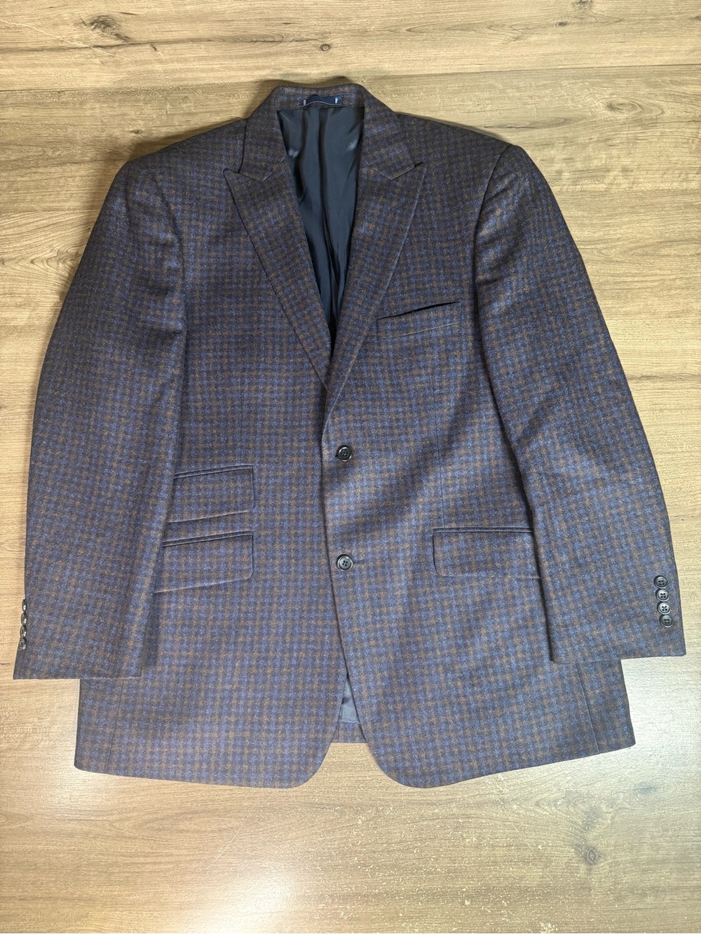 Paul Fredrick Blazer Mens 46R 100% Wool Navy Brown Plaid Check Sport Coat